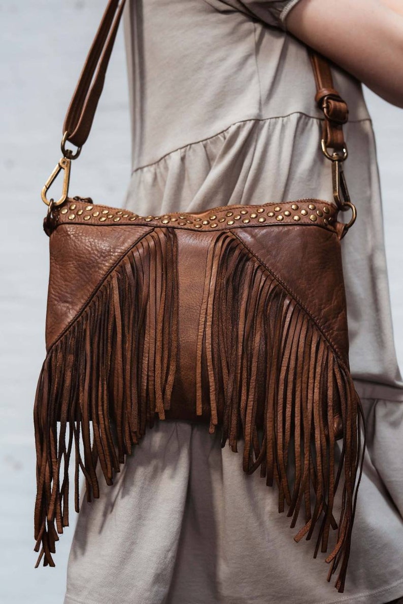 Fringe Leather Crossbody With Studs Studded Fringe Leather Etsy