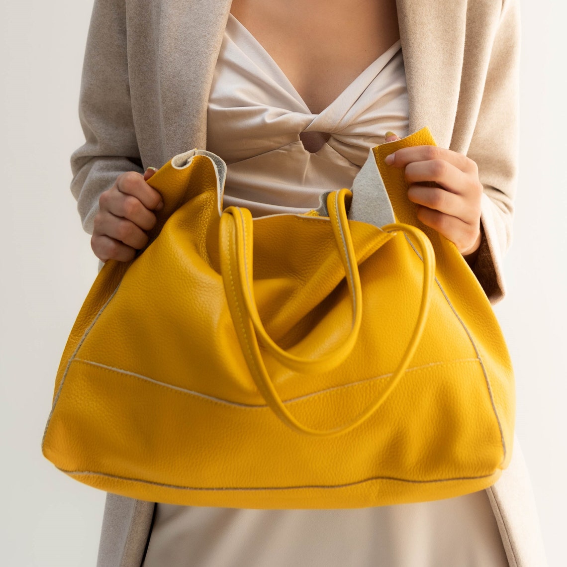 4 Colors Soft Pebbled Leather Tote Shopper Lightweight Etsy