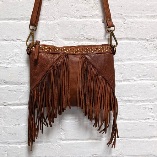 Small Leather Fringe Crossbody Bag With Studs Cell Phone Etsy