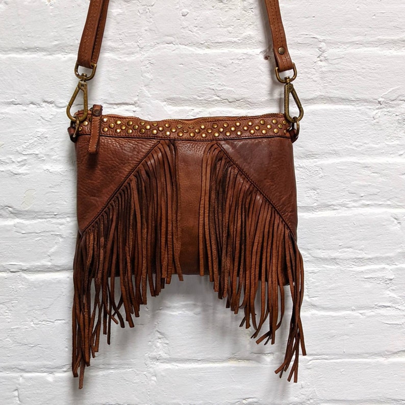 Fringe Leather Crossbody With Studs Studded Fringe Leather Etsy