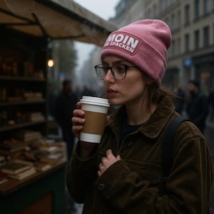 Könnte beinhalten: Eine Person trägt eine rosa Mütze mit dem Text "MOIN MR. SPACKEN" und eine Brille, hält einen Einweg-Kaffeebecher. Die Person trägt eine braune Cordjacke. Der Hintergrund zeigt eine Straßenszene mit einem Marktstand.