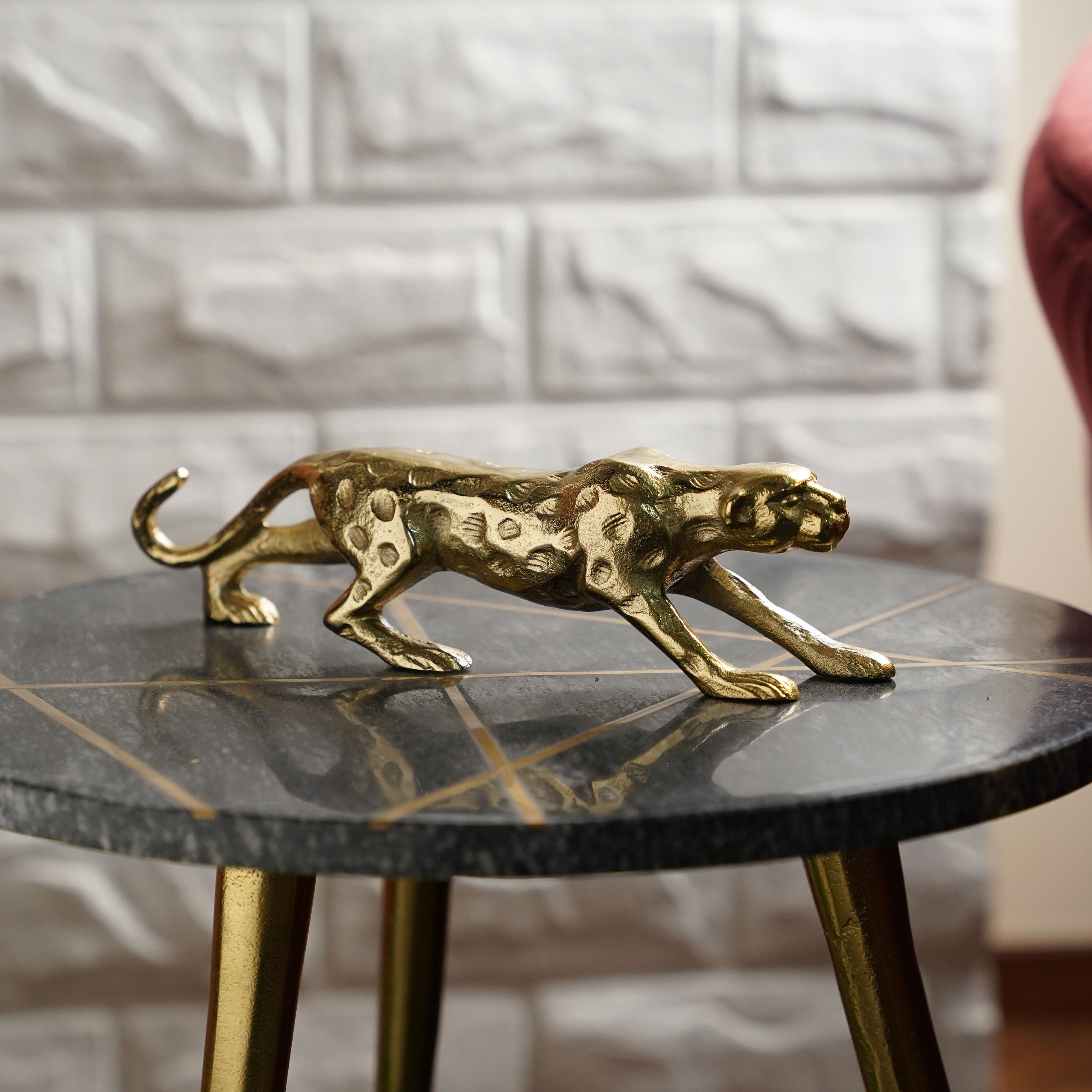 Golden Leopard Figurine Table Sculpture for Living Room, Golden Panther