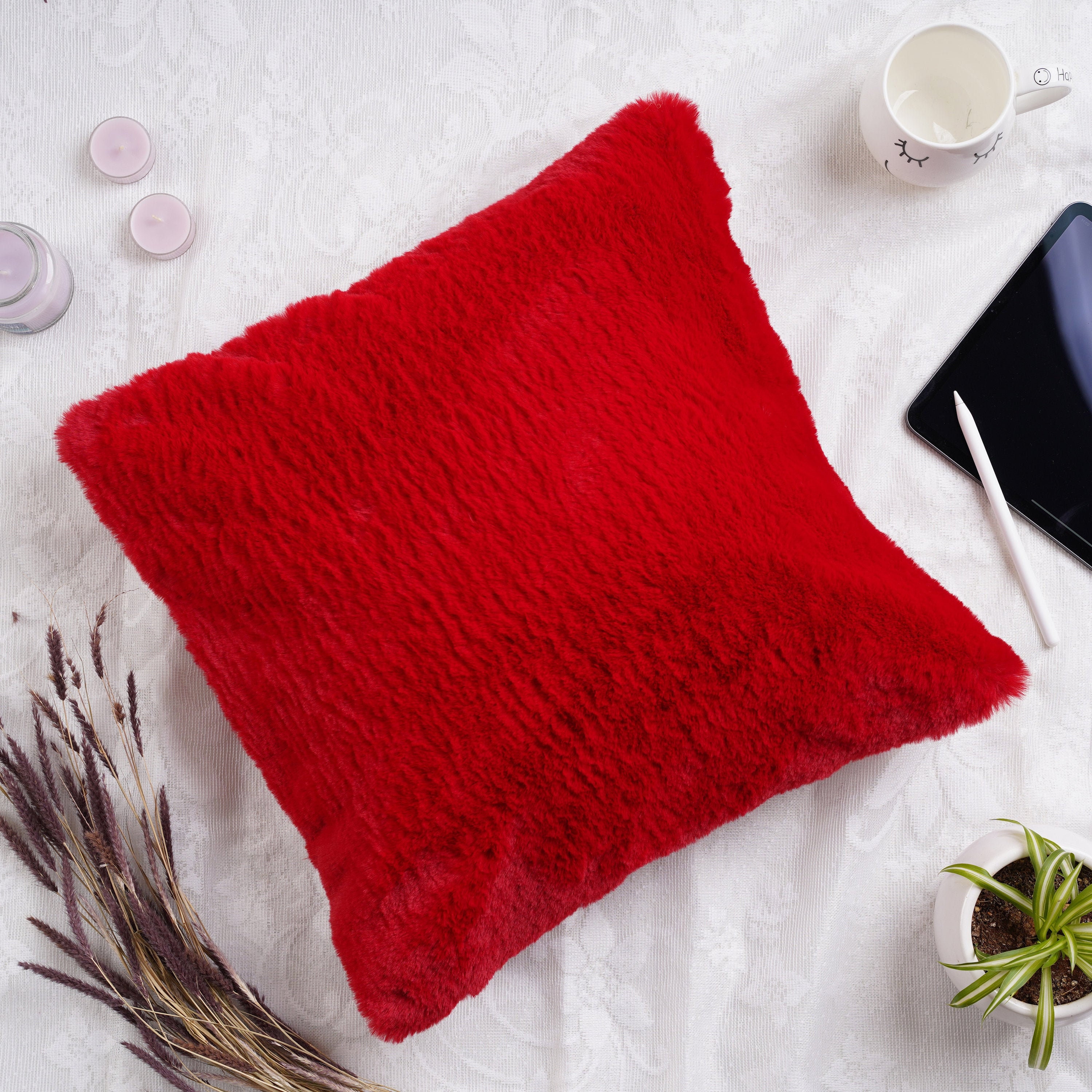 red furry pillows