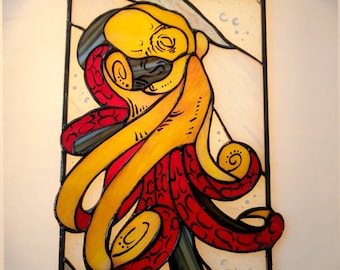 Stained Glass Window Panel — Octopus Kraken Cthulhu, Nautical Sea Monster Art, Gothic Ocean Gift