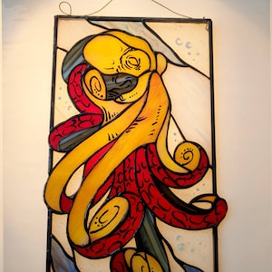Stained Glass Window Panel — Octopus Kraken Cthulhu, Nautical Sea Monster Art, Gothic Ocean Gift