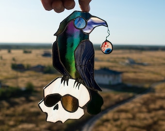 Halloween funny raven on the skull Stained glass Suncatcher,  Stained glass Window hanging  Home decoration from Ukraine