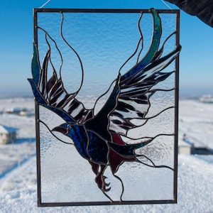 Stained Glass Panel — Gothic Raven Black Bird, Dark Academia Window Hanging, Witchy Home Gift