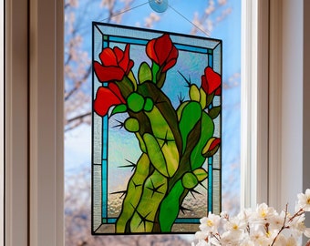 blooming cactus Stained glass Window panel,  Window hanging  Suncatcher Home decoration from Ukraine