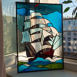 Stained Glass Window Panel — Sailing Ship Seascape, Nautical Ocean Hanging, Sailor Boat Gift