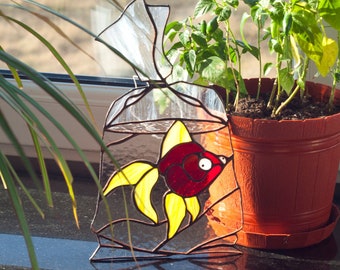 Goldfish in a package Stained glass Window, Stained glass Window hanging  Home decoration from Ukraine