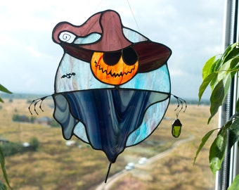 Halloween scarecrow - bogeyman with magic Lantern over the moon Stained glass window suncatcher, Window hanging, Home decoration