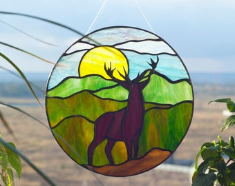 The Deer landscape suncatcher, round  Stained glass window panel  Window hanging  decor Home decoration