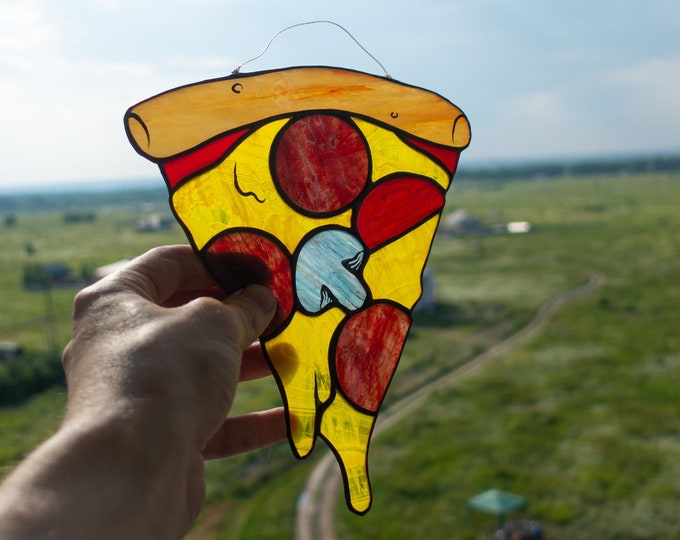 Pizza Slice Stained Glass Suncatcher — Cheesy Food Window Art, Pizza Lover Gift, Kitchen Decor