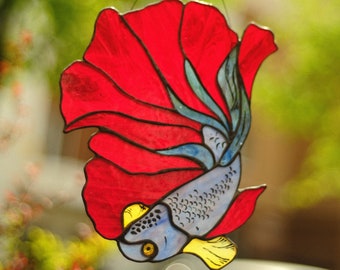 Red Betta splendens fish Stained glass Suncatcher window panel, Stained glass window hanging, Stained glass Home decoration from Ukraine