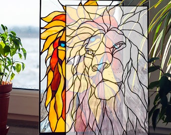 Digital pattern Abstract lion Stained glass Window panel