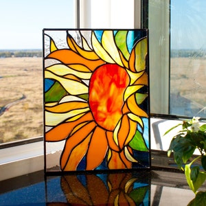 Sunflower Stained glass Window rectangular panel  Suncatcher flower Home decoration from Ukraine