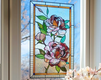 Pink peonies flowering Stained glass Window panel, Peony Window hanging  Suncatcher Home decoration from Ukraine