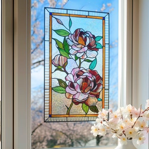 Pink peonies flowering Stained glass Window panel, Peony Window hanging  Suncatcher Home decoration from Ukraine