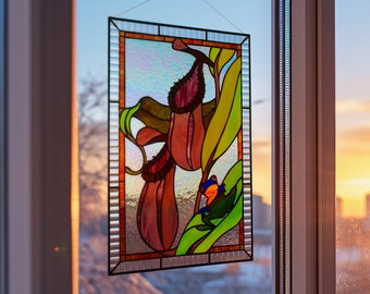 Nepenthes Hamata with blue frog Stained glass Window panel, tropical pitcher plant Stained glass Window hanging, from Ukraine