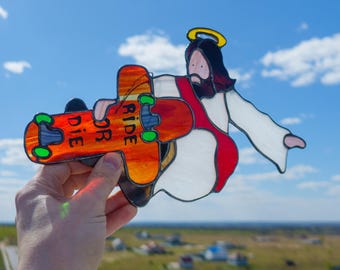 Jesus Skater Stained Glass Suncatcher — Indie Grab Trick Window Art, Funny Skate Gift