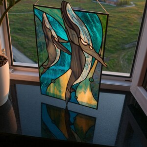 Stained Glass Panel — Blue Whale Ocean, Dual Hang Horizontal or Vertical, Whale Lover Gift image 2