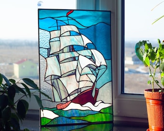 Sailing ship sails on the ocean waves Stained glass Window panel Stained glass Window hanging  Home decoration from Ukraine