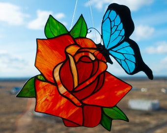 Wild Rose and Butterfly suncatcher, Stained glass panel Window hanging, Custom home decoration from Ukraine