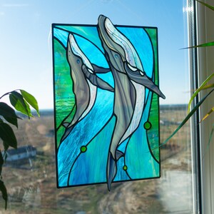 Stained Glass Panel — Blue Whale Ocean, Dual Hang Horizontal or Vertical, Whale Lover Gift image 3