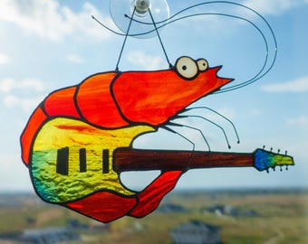 Djent Shrimp Stained Glass Suncatcher — Metal Guitar Meme Window Art, Musician Weird Funny Gift