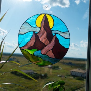 Rocky mountains landscape Stained glass Window panel, round Stained glass Window hanging  Suncatcher flower Home decoration  from Ukraine