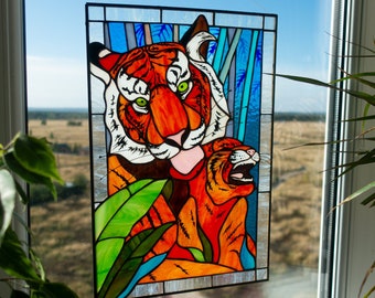 Tigress washing a naughty tiger cub Stained glass Window panel, animal hanging Suncatcher Home decoration from Ukraine