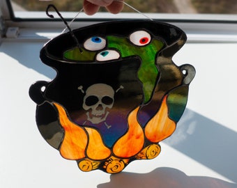 Halloween witch's cauldron with boiled eyes Stained glass window suncatcher, Window hanging, Home decoration from Ukraine