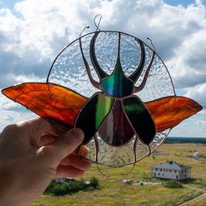 Rhinoceros beetle Stained Glass Suncatcher, Scarab Bug Stained Glass hanging, Home Decor from Ukraine