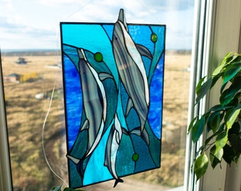 Dolphin family Stained glass Window panel, Window hanging, Suncatcher, Home decoration from Ukraine