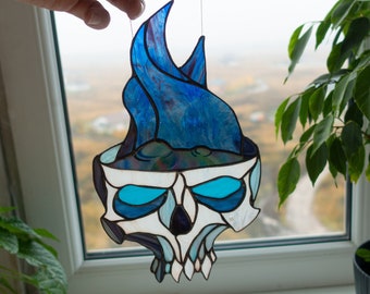 Halloween Skull with Witch poison Stained glass window suncatcher,  Window hanging panel, Home decoration from Ukraine