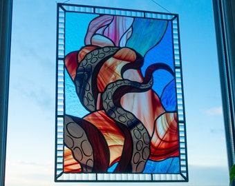 Abstract Erotic hentai Girl trapped in tentacles, Female Nude line Stained Glass Panel Stained Glass Hanging, Home Decorations from Ukraine
