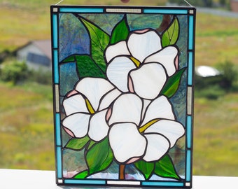 White hibiscus Stained glass Window panel Stained glass Window hanging Stained glass Suncatcher flower Home decoration  from Ukraine