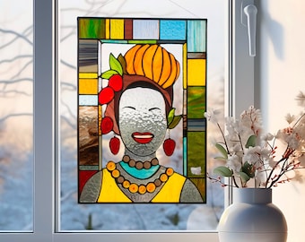 CARMEN MIRANDA, fruit hat Stained glass Window panel, Stained glass Window hanging, from Ukraine