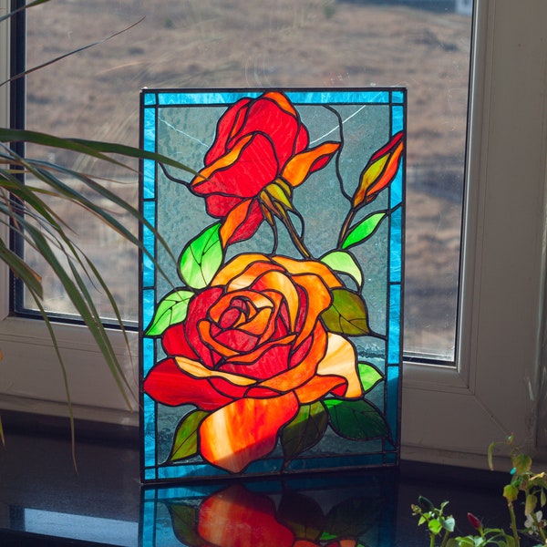 Red roses in the garden Stained glass Window panel, Stained glass Window hanging,  Suncatcher flower, window home decor, from Ukraine