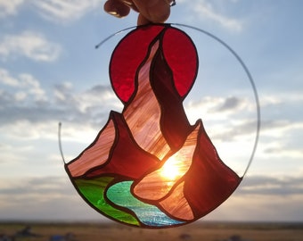 Japanese sun mountains landscape Stained glass Window panel Stained glass Window hanging Suncatcher Home decoration from Ukraine