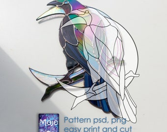 Digital pattern PSD, SVG Crow Raven and the Moon Stained glass Window suncatcher
