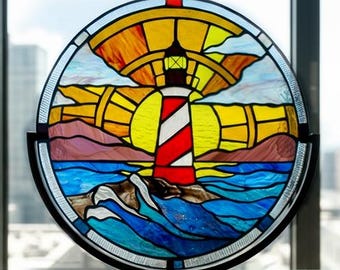 Stained Glass Window Panel — Lighthouse Coastal Landscape, Round Window Hanging, Beach House Gift