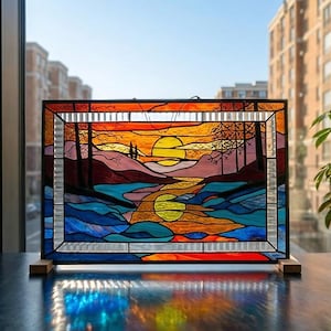 Buntglasfenster - Landschaftsgebirgssonnenuntergang, großes Fensterbehang, Housewarminggeschenk