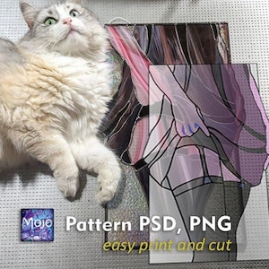 May include: A stained glass pattern of a woman wearing a purple dress and stockings. The pattern is on a white background with the text "Pattern PSD, PNG easy print and cut".