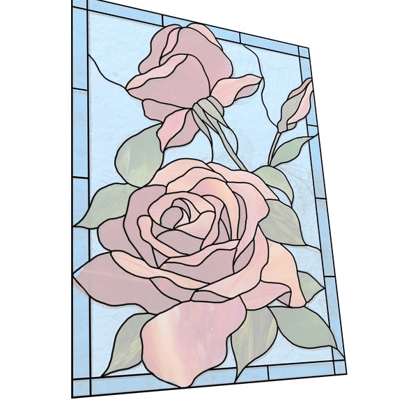 Digital pattern PSD rectangle red roses Stained glass Window panel, Home decoration from Ukraine