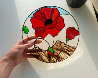 Red poppies round Stained glass Window panel, floral ornament Stained glass Window hanging, from Ukraine