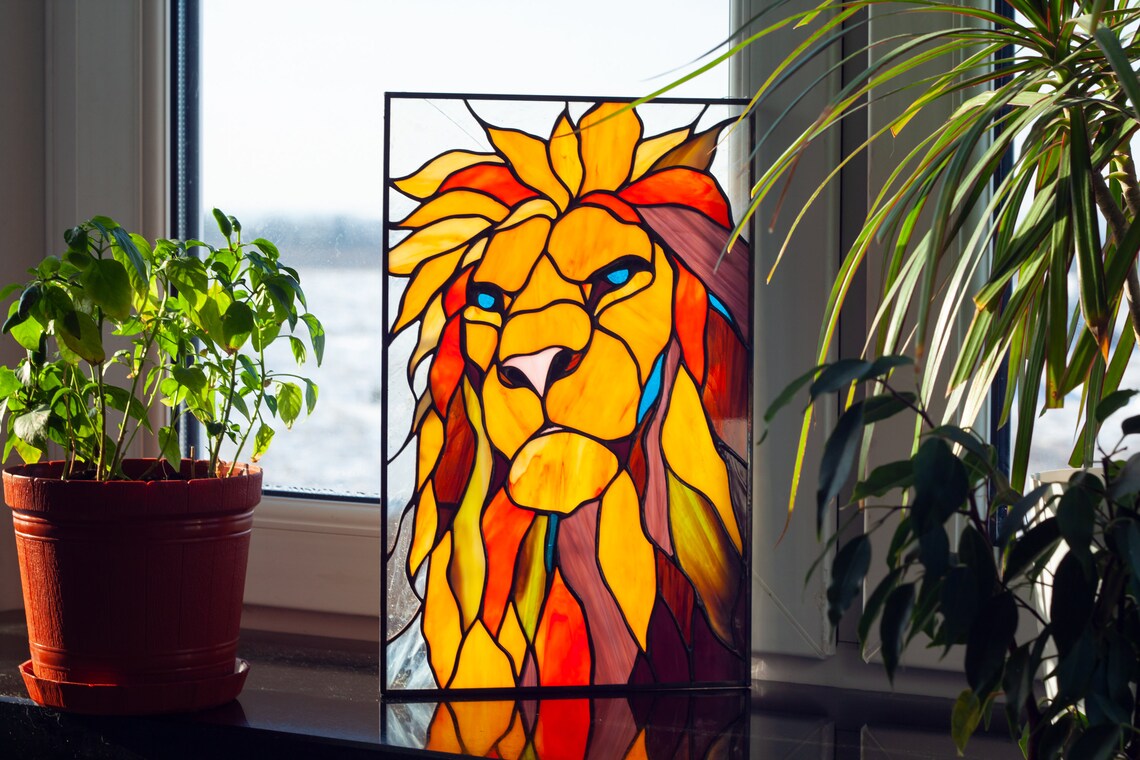 Abstract Lion Stained Glass Window Panel Stained Glass Window - Etsy