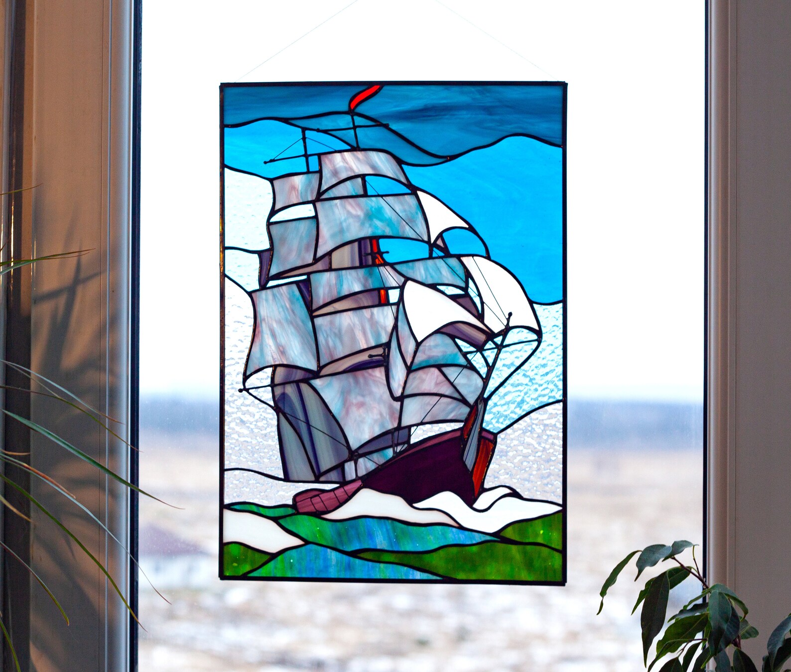Sailing Ship Stained Glass Window Panel Stained Glass Window Etsy