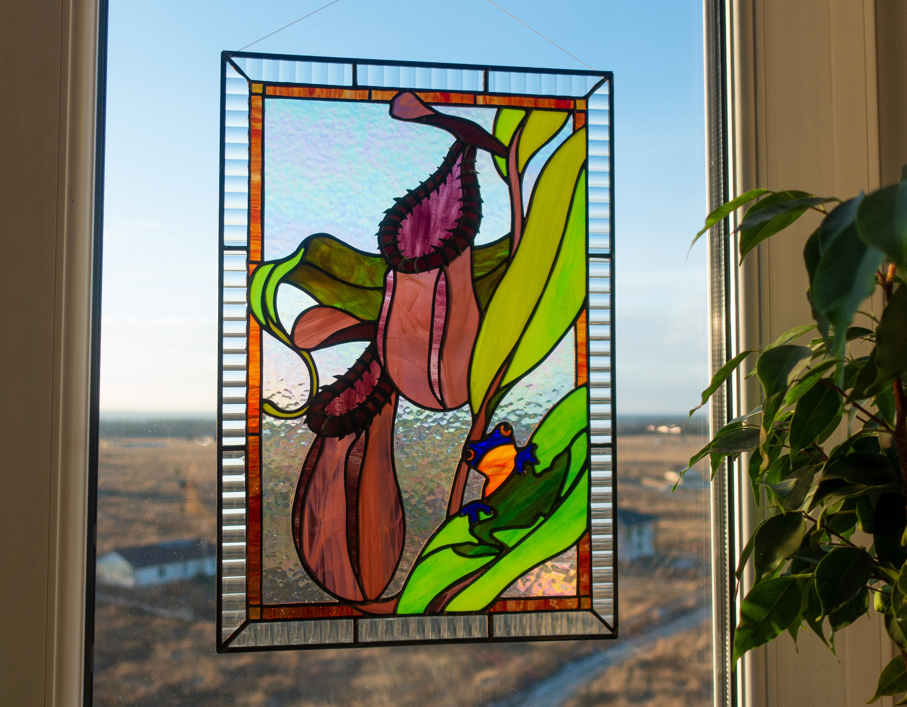 Nepenthes Pitcher Plant Stained Glass Panel — Blue Frog