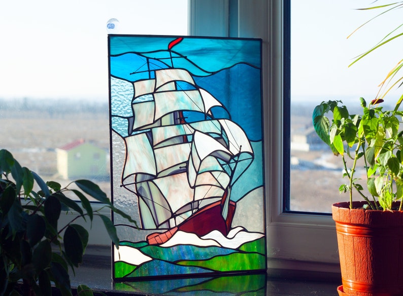 Sailing Ship Stained Glass Window Panel Stained Glass Window Etsy